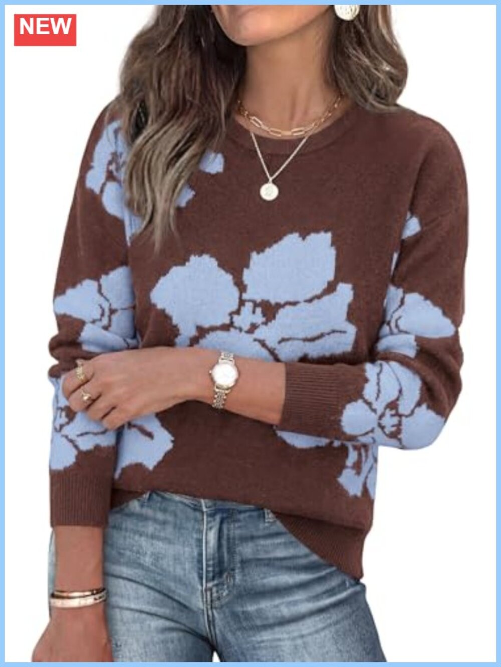 Womens Floral Crewneck Pullover Sweater Long Sleeve Relaxed Fit Knit Top
